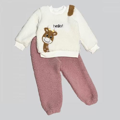 1-2-3 Yaş Hello Zürafa Nakışlı Kuzu Kumaş Sweat Pantolon Uzun Kollu Kız Erkek 2 Li Takımı