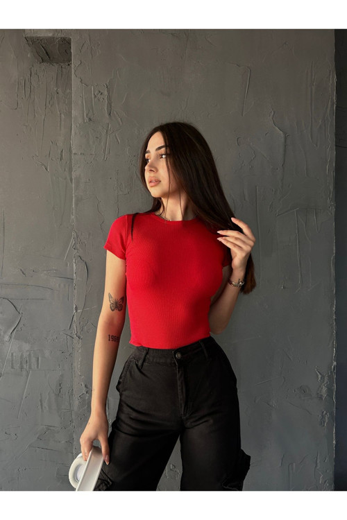 Kadın Bisiklet Yaka Kısa Kollu Kaşkorse Crop Bluz Kırmızı M