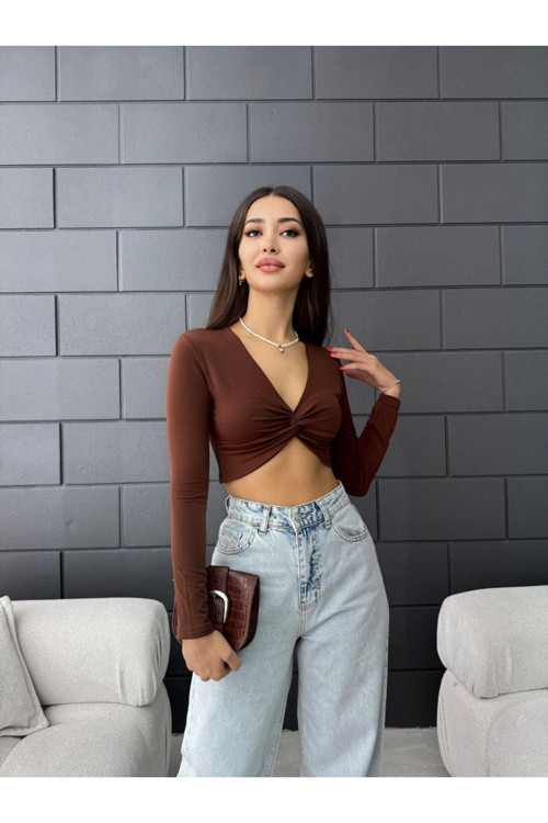 Kadın V Yaka Önü Drape Detaylı Uzun Kollu Süper Crop Bluz Kahverengi L