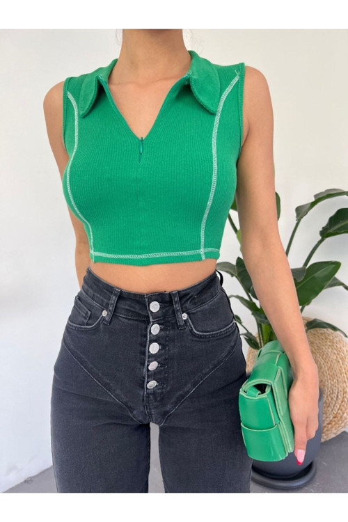 Kadın Fermuarlı Polo Yaka Kolsuz Ters Dikiş Detaylı Crop Bluz Yeşil S