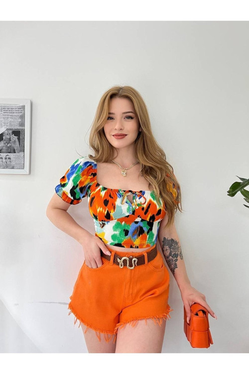 Kadın Önü Bağlamalı Kısa Kollu Sırtı Gipeli Desenli Crop Bluz Turuncu M