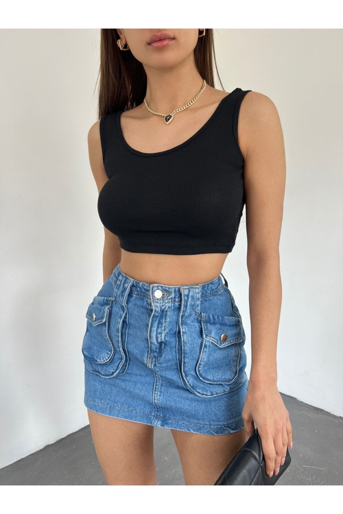 Kadın Kalın Askılı U Yaka Kaşkorse Crop Top Siyah M