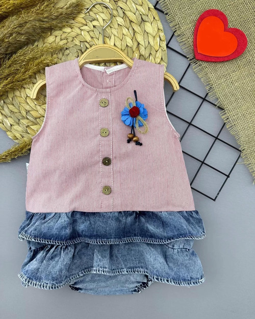 Gül Rozet Detaylı Kot Kilotlu Etek Kız Bebek Elbisesi