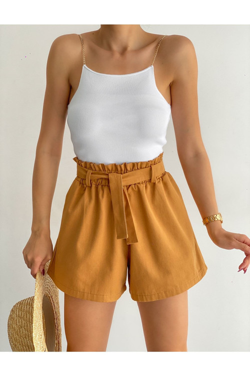 Kadın Yüksel Bel Lastikli Kuşaklı Çift Cepli Gabardin Şort Camel S