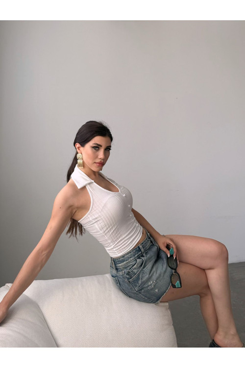 Kadın Gömlek Yaka Düğme Detaylı Sırt Dekolteli Crop Bluz Beyaz L