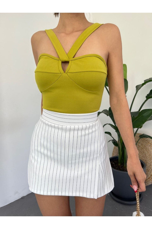 Kadın Çapraz Askılı Pencere Detaylı Crop Örme Bluz Fıstık Yeşili S