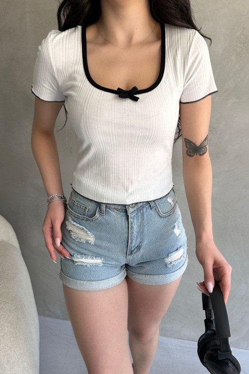 Kadın Kısa Kollu U Yaka Fiyonk Detaylı Crop Bluz Beyaz XL