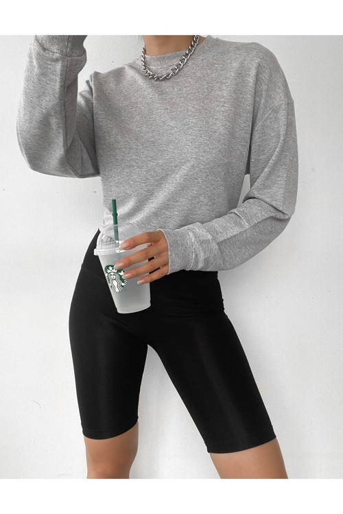 Kadın Bisiklet Yaka Iki Iplik Oversize Sweatshirt Gri M