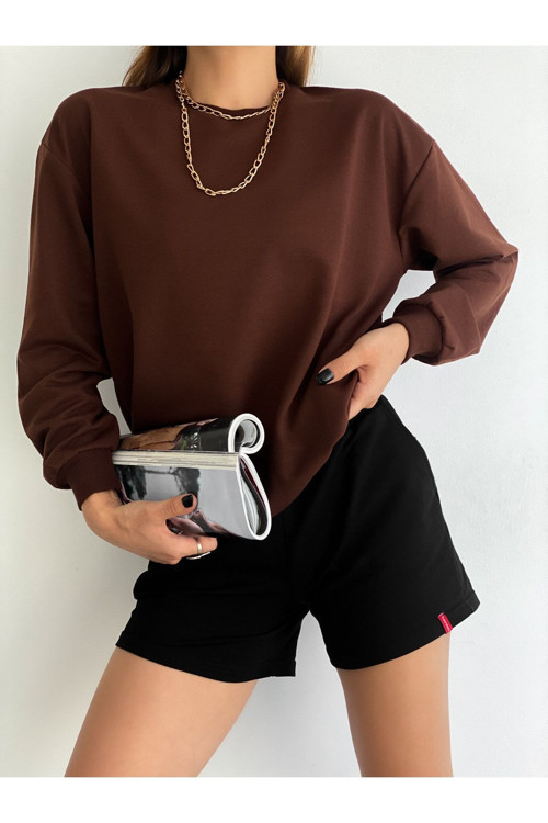 Kadın Bisiklet Yaka Iki Iplik Oversize Sweatshirt Kahverengi M