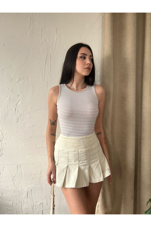 Kadın Halter Yaka Çizgili Kolsuz Kaşkorse Örme Fitilli Crop Bluz Bej M
