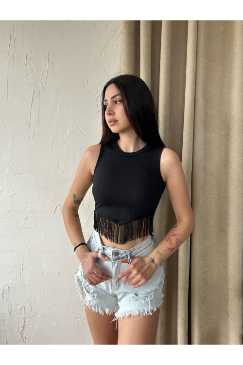 Kadın Halter Yaka Püsküllü Kolsuz Crop Top Siyah L