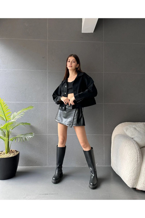 Kadın Oversize Çift Cepli Kot Ceket Siyah M