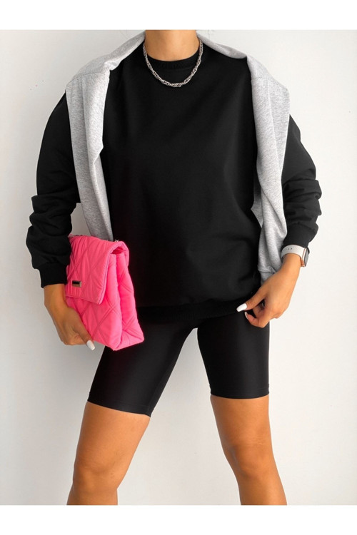 Kadın Bisiklet Yaka Iki Iplik Oversize Sweatshirt Siyah M