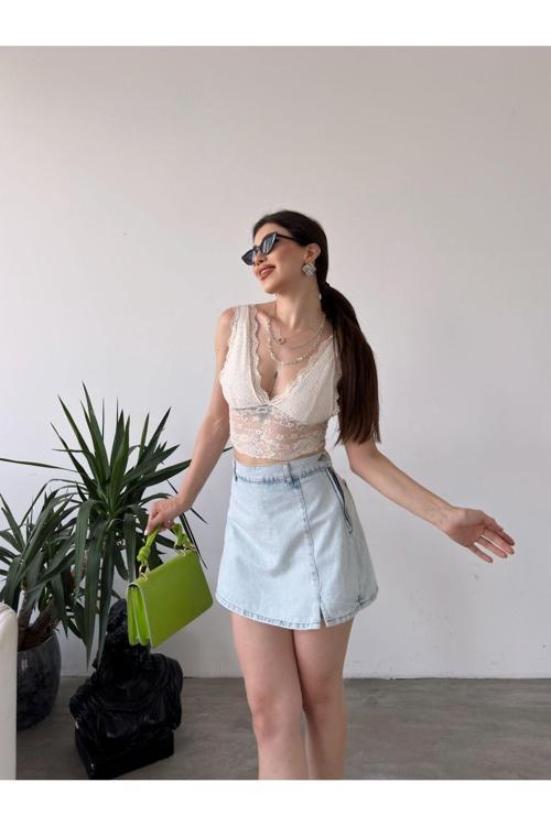 Kadın Denim Arkası Çift Cepli Mini Şort Etek Açık Mavi 38