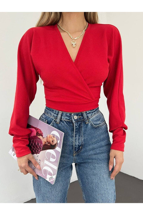 Kadın Kruvaze Yaka Yarasa Kol Crop Bluz Kırmızı M