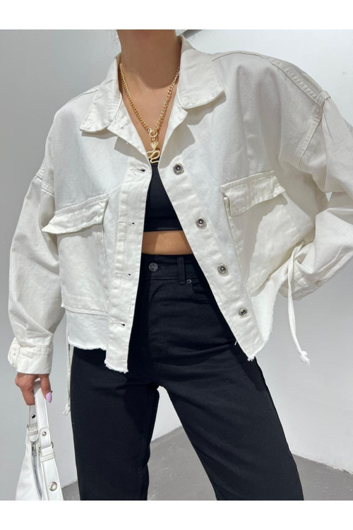 Kadın Oversize Çift Cepli Püsküllü Ip Bağlama Detaylı Denim Ceket Ekru S