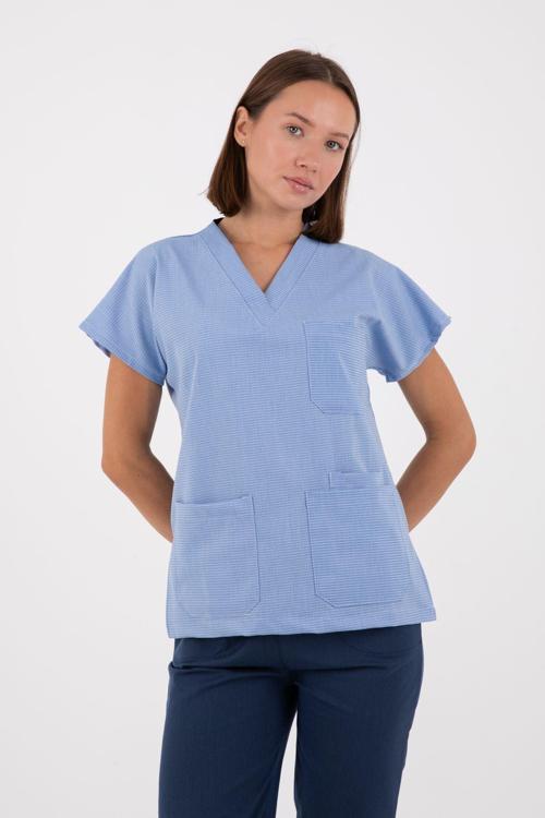 Premium Likralı Desenli Pembe Tek Üst Scrubs, Hemşire forması, cerrahi forma
