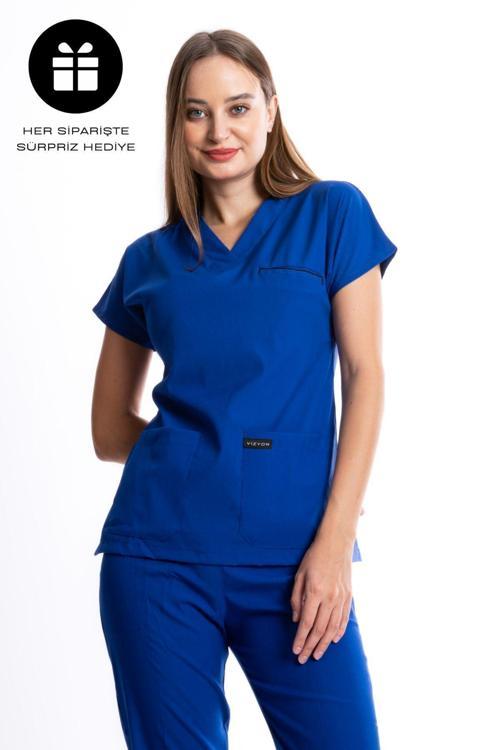 Premium Likralı Saks Mavisi Hemşire Forması Cerrahi Takım, scrubs takım