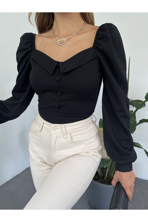 Kadın Balon Uzun Kollu Kalp Yaka Düğme Detaylı Crop Bluz Siyah XL