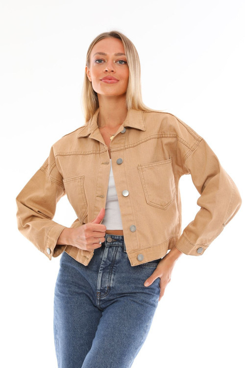 Kadın Crop Denim Ceket Camel L