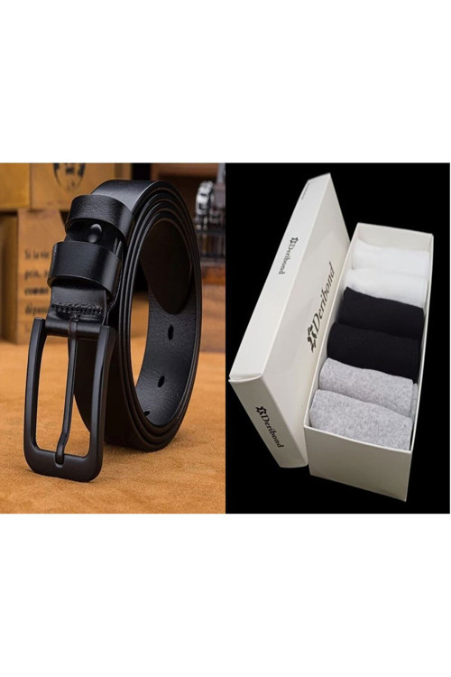 Erkek Kemer ( 1 Adet ) & Erkek Çorap ( 6 Adet ) Pamuklu, Sneaker Çorap Siyah 105 cm