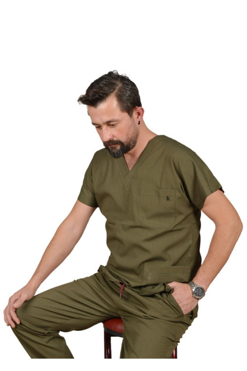 Premium Likralı Erkek Haki Yeşili Hemşire Forması Cerrahi Takım, scrubs takım