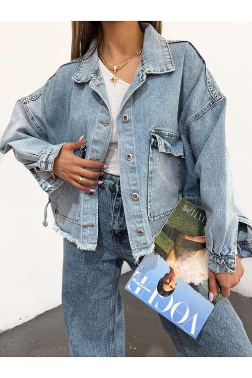 Kadın Oversize Çift Cepli Püsküllü Ip Bağlama Detaylı Denim Ceket Yıkamalı Mavi S