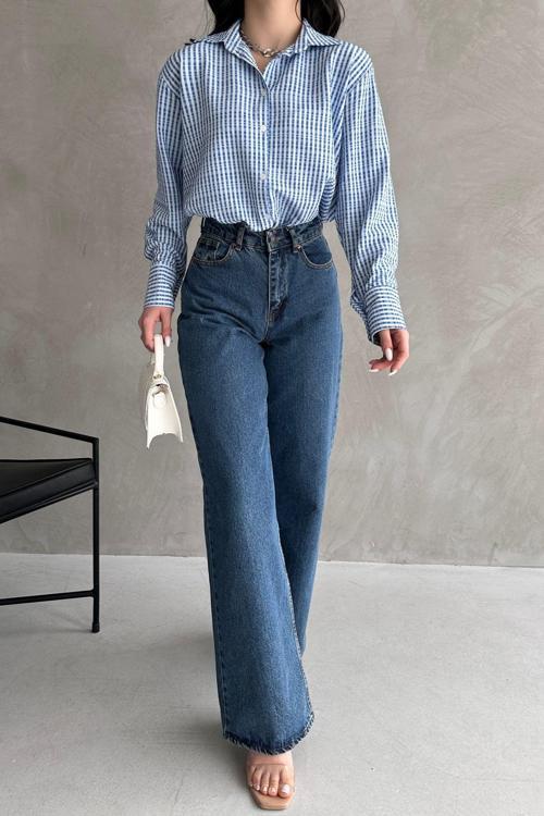 Kadın Oversize Çizgili Uzun Kollu Dokuma Gömlek Koyu Mavi S