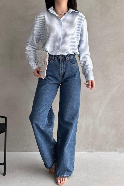 Kadın Oversize Çizgili Uzun Kollu Dokuma Gömlek Mavi L