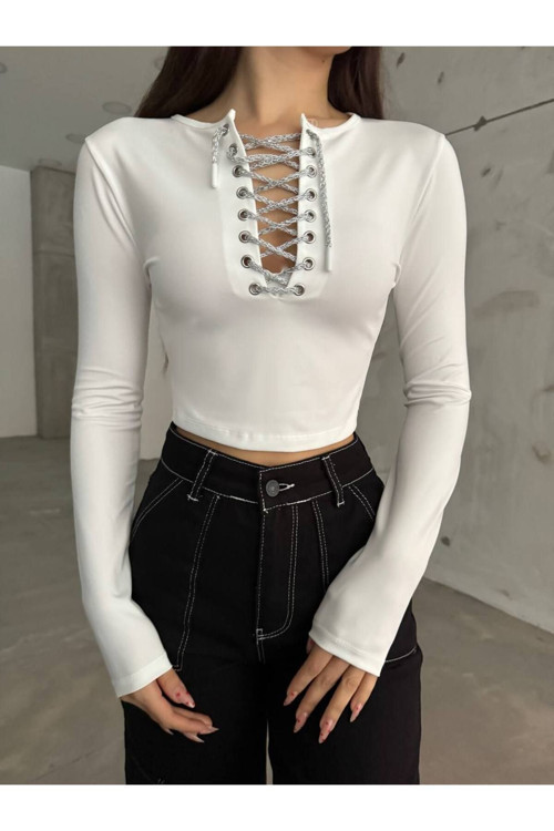 Kadın Yakası Kuşgözü Bağcıklı Uzun Kollu Crop Bluz Beyaz M
