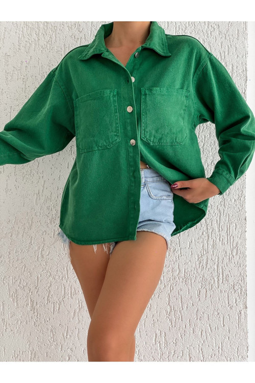 Kadın Oversize Uzun Kollu Çift Cepli Gömlek Ceket Yeşil Standart