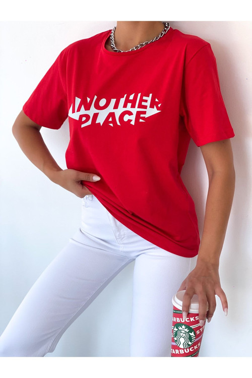 Kadın Oversize Yazı Baskılı Bisiklet Yaka T-Shirt Kırmızı L