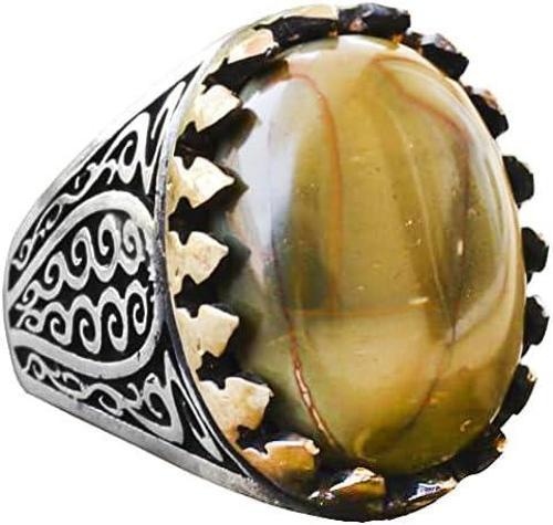 Yeşil Doğal Jasper Taşlı Yüzük Erkekler için, Gümüş Yeşil Jasper Yüzük, 925 Ayar Gümüş Erkek Yüzüğü, Büyük Yüzük