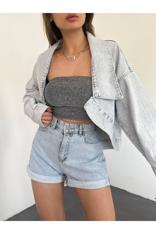 Kadın Uzun Kollu Oversize Bolero Kot Ceket Gri S
