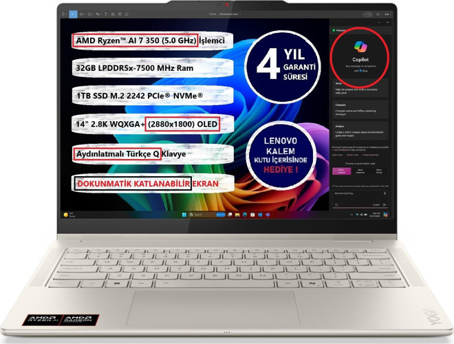 Lenovo Yoga 7 2-In-1 14AKP10 Amd Ryzen Aı 7 350 32GB Ram 1tb SSD