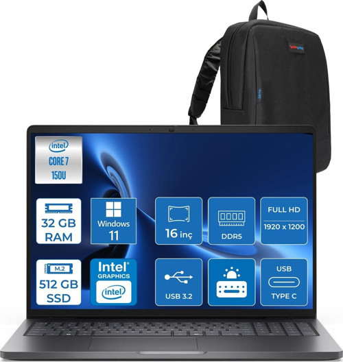 Dell Pro 16 PC16250 Intel Core 7 150U 32GB Ddr5 512GB SSD 16 Fhd+