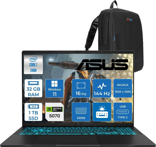Asus Vivobook V16 2.nesil Core 7 240H Aı 32GB Ddr5 1tb SSD RTX5070