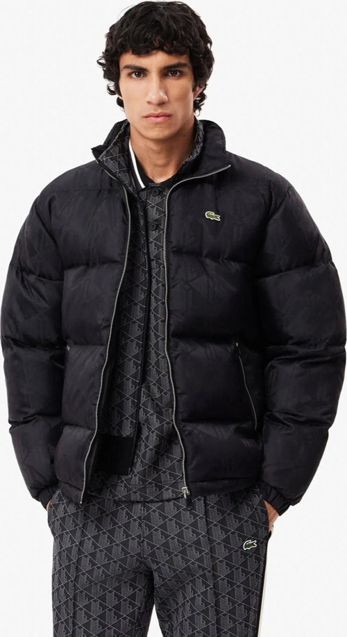 Lacoste Men's Waterrepellent Monogram Jacquard Down Black Jacket