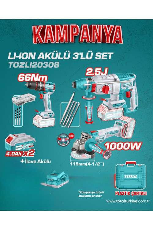 At.3点セット Total Tools Profesyonel 3'Lü Profesyonel Akülü Darbeli Matkap Set