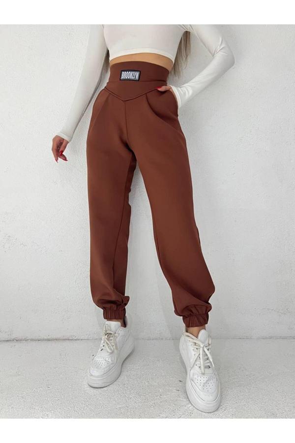 Fav Style Kadın Yüksek Bel Arma Detaylı Çift Cepli Paçası Lastikli Dalgıç Pantolon Kahverengi M - Image 1