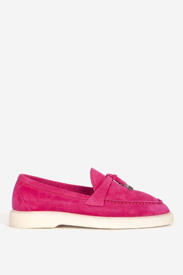 DERİCLUB Kadın Püsküllü Süet Deri Maskülen Loafer 2502 FUŞYA - Image 1