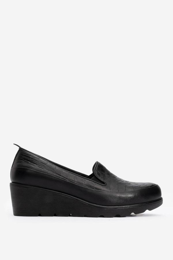 DERİCLUB Kadın Dolgu Topuk Baskılı Comfort Casual Ayakkabı Gerçek Deri BR 04131 SİYAH - Image 1
