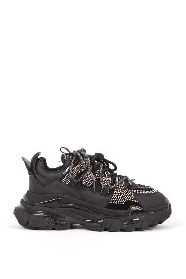 GUJA Kadın Kalın Taban Taşlı Bağcıklı Sneaker 305/3 SİYAH - Image 1