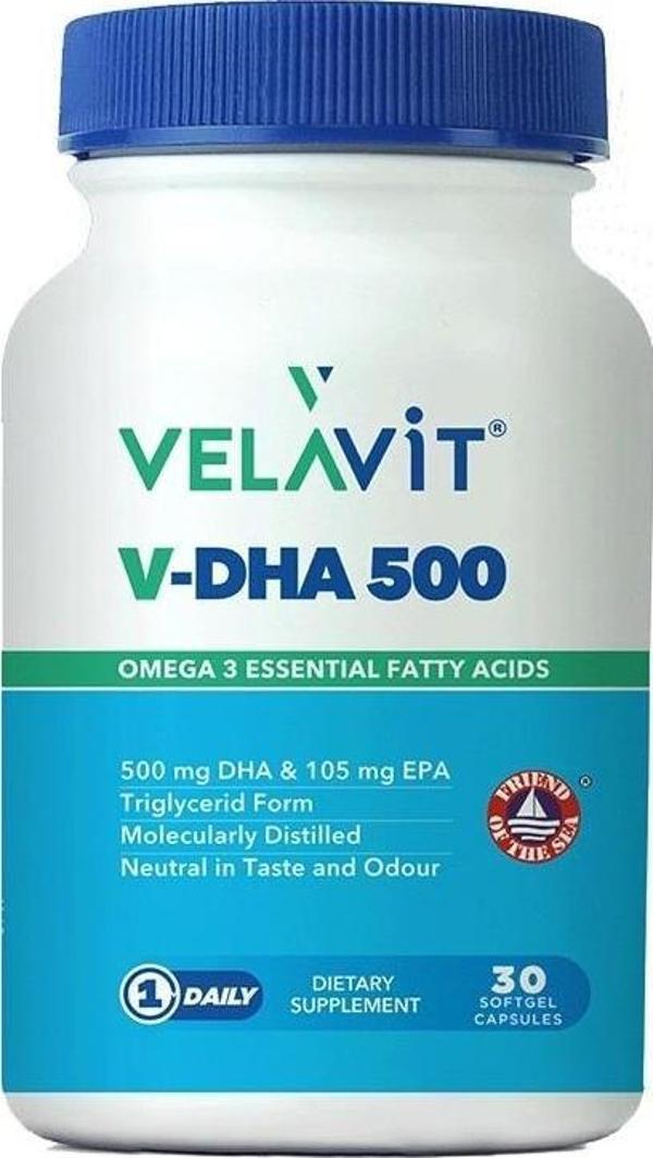 Velavit V-DHA 500 DHA ve EPA İçeren Takviye Edici Gıda 30 Yumuşak Jel Kapsül - Image 1