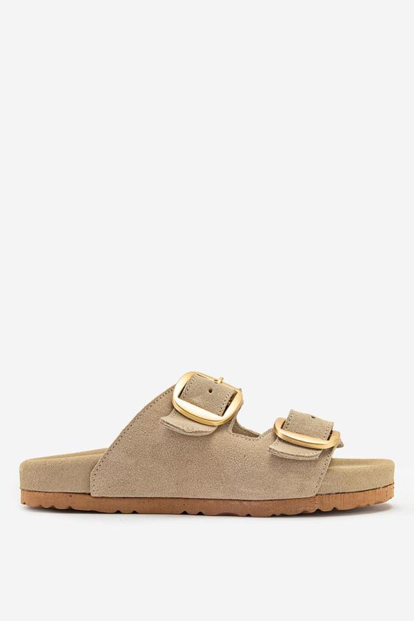 DERİCLUB Kadın Çift Bantlı Tokalı Günlük Rahat Terlik ZY 7543 BEJ - Image 1