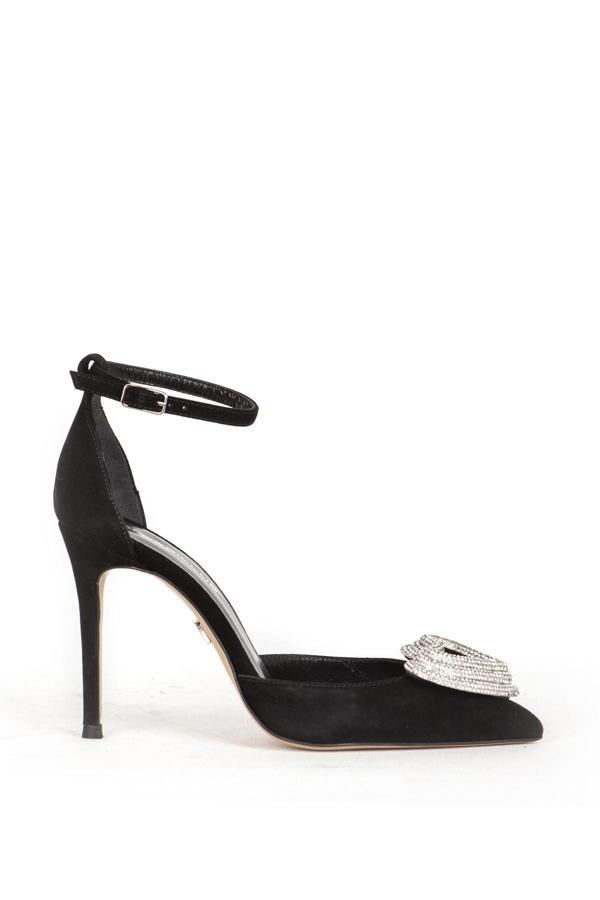 DERİCLUB Kadın Taşlı Bilek Bağlama Sivri Burun Stiletto Süet Gerçek Deri SY 27495 SİYAH - Image 1