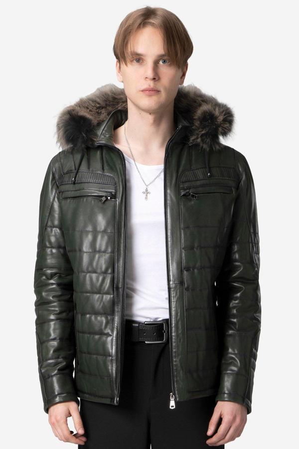 DERİCLUB E1039 Kapüşonlu VEJETAL Gerçek Deri Erkek Mont YEŞİL - Image 1