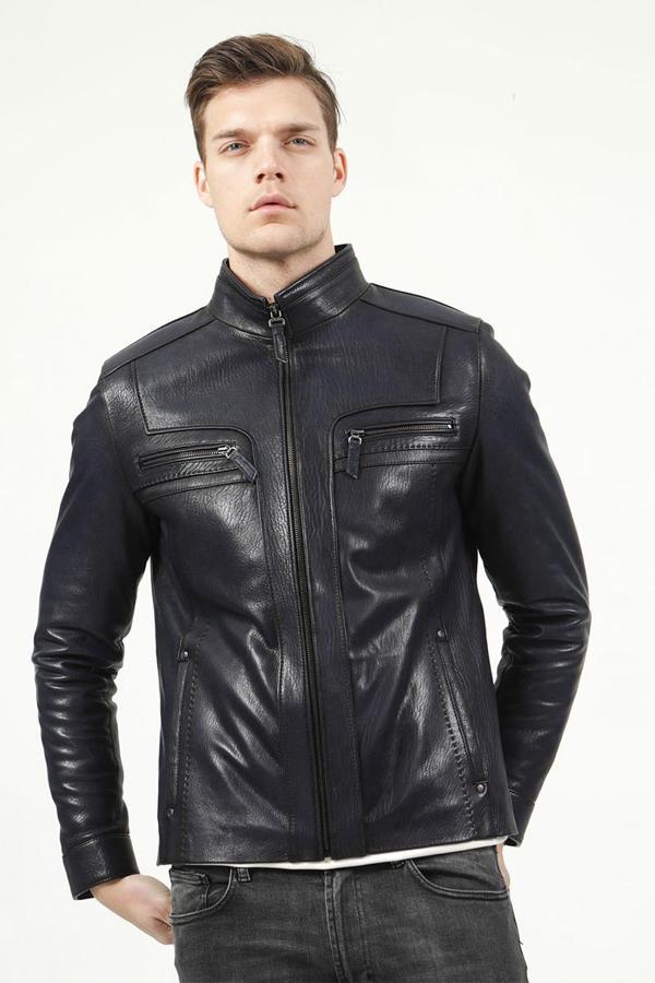 DERİCLUB Orlando Erkek Jumbo Slimfit Gerçek Deri Mont LACİVERT - Image 1