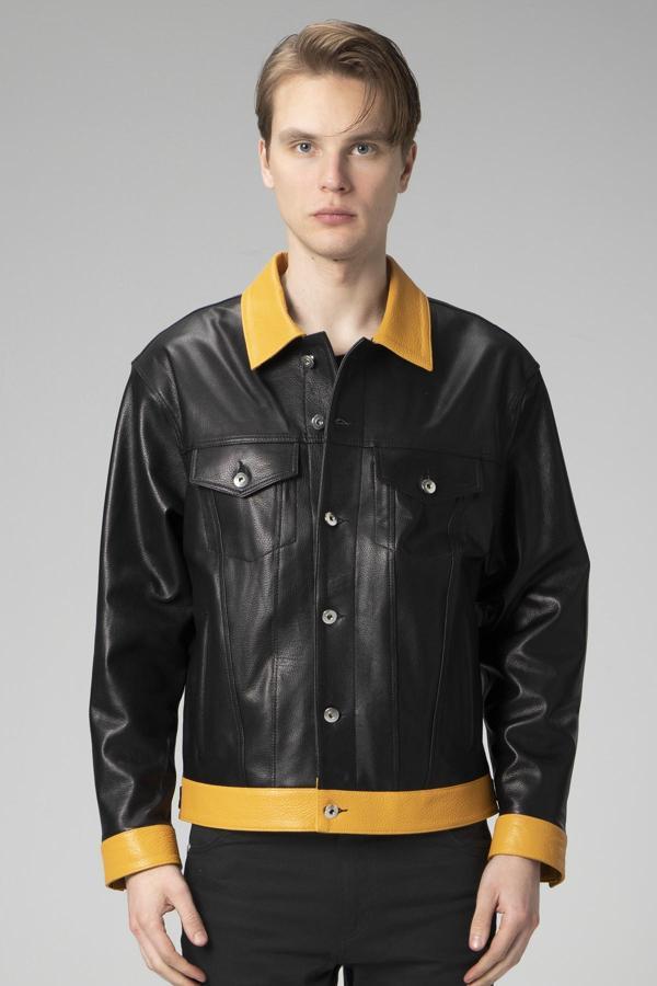 DERİCLUB Sidney Erkek Jumbo Spor Hakiki Deri Ceket SİYAH/SARI - Image 1