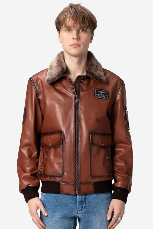 DERİCLUB Falcom Savaki Yaka Kürklü Gerçek Deri Erkek Mont VİSKİ - Image 1